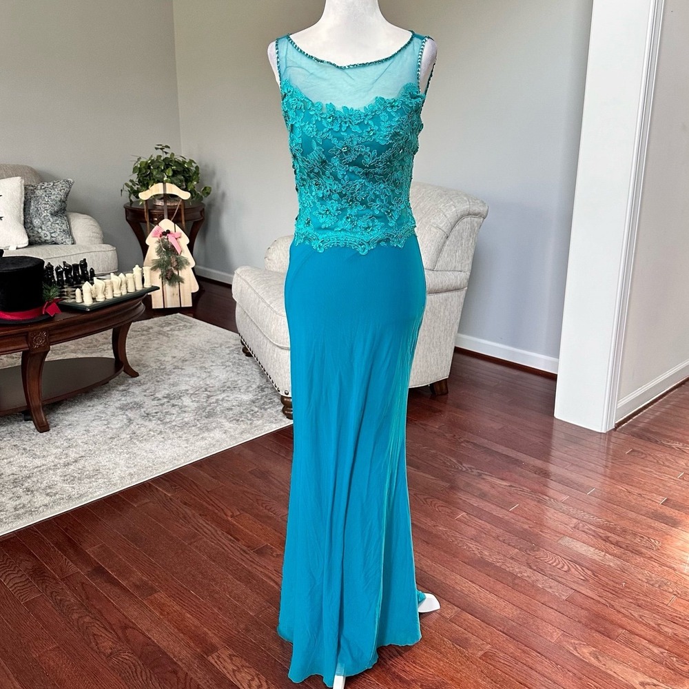 Vintage‎ Christina Wu Aqua Teal Embellished Beaded Sheer Top Gown Dress Size 2